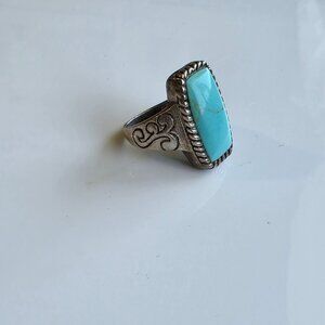 Vintage Silver Turquoise Ring 8 Engrave Twisted Rope Southwestern Santa Fe 925